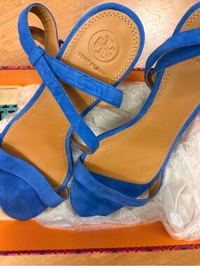 Tory Burch Elana Cobalt Suede Cross-Strap Heels